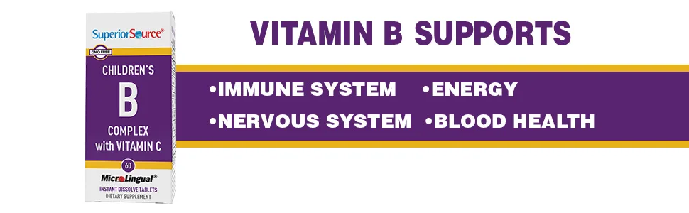 Superior Source Child B-Complex Vitamins (60 Tablets) - B 12 VITQAMIN IMMUNE SYSTEM ENERGY NERVOUS SYSTEM BLOOD HEALTH 10000 MCG B6 FOLIC ACID