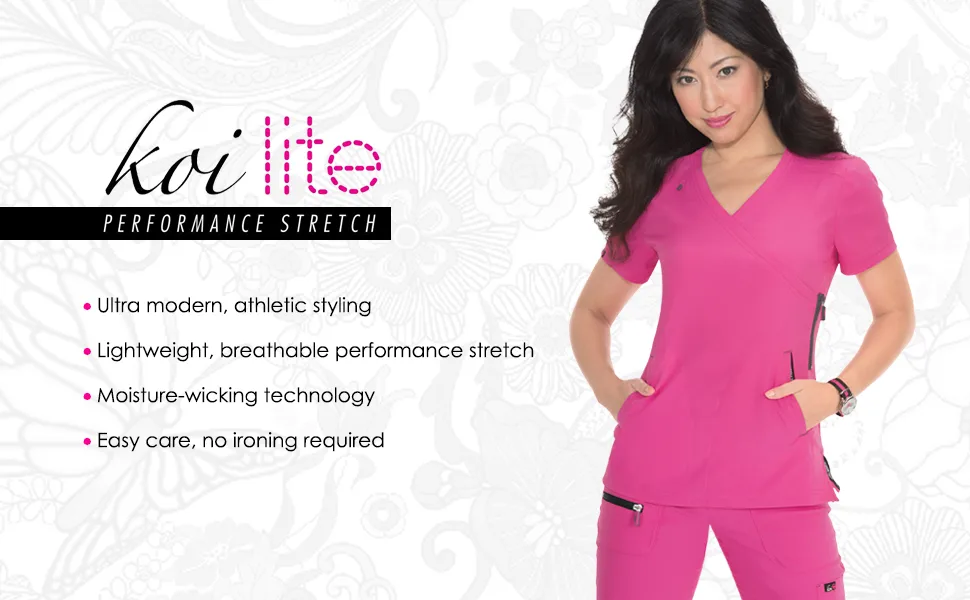 KOI Lite 317 Women's Serenity Scrub Top Medium Navy - banner image with koi performance stretch logo and model wearing koi performance stretch scrubs