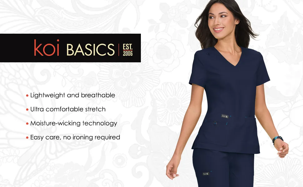 KOI Basics 374 Women's Katie Scrub Top Large Black - banner image with koi Basics logo and model wearing koi Basics scrub top