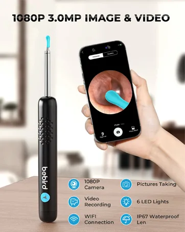 Ear Wax Removal Tool Camera - R1 Upgraded Anti-Fall Off Eartips Ear Cleaner with Camera Wireless Otoscope with 1080P HD Waterproof Ear Camera Earwax Removal Kit for iPhone Android Black - ear wax removal