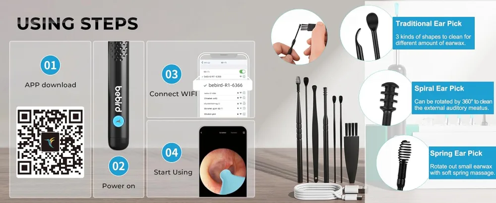 Ear Wax Removal Tool Camera - R1 Upgraded Anti-Fall Off Eartips Ear Cleaner with Camera Wireless Otoscope with 1080P HD Waterproof Ear Camera Earwax Removal Kit for iPhone Android Black - ear wax removal