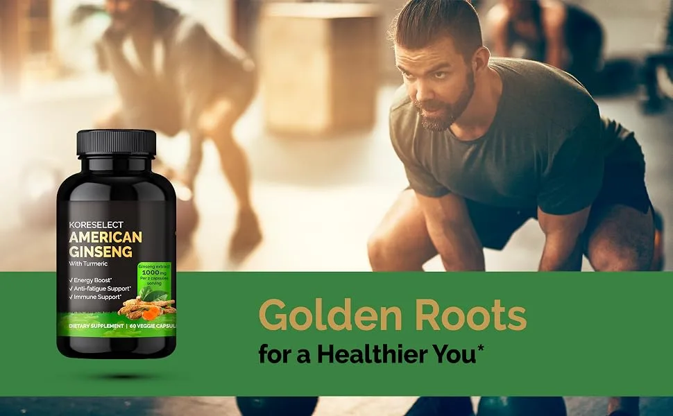 KORESELECT American Ginseng Capsules - 1000 mg American Ginseng Extract for Pre Workout Energy & Immune Support Ginseng Supplement with Turmeric Extract - 60 Capsules  - AG_01