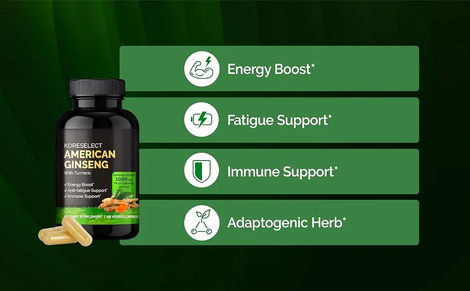 KORESELECT American Ginseng Capsules - 1000 mg American Ginseng Extract for Pre Workout Energy & Immune Support Ginseng Supplement with Turmeric Extract - 60 Capsules  - AG_02