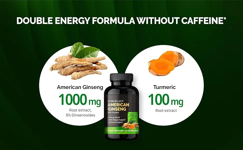KORESELECT American Ginseng Capsules - 1000 mg American Ginseng Extract for Pre Workout Energy & Immune Support Ginseng Supplement with Turmeric Extract - 60 Capsules  - AG_03
