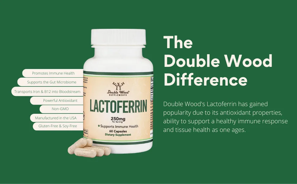 Lactoferrin 250mg per Serving (60 Capsules) Patented Bioferrin Lactoferrin - Superior Iron Supplement for Iron Deficiency and Immune Support by Double Wood Supplements - The Double Wood Difference