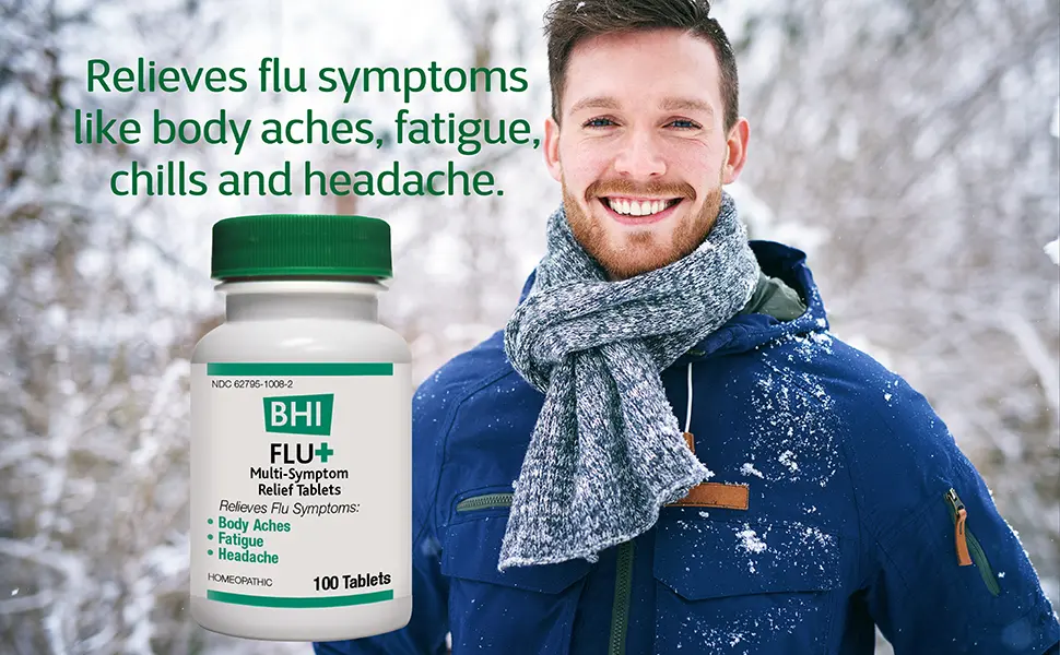 BHI Flu + Cold Multi-Symptom Relief Natural Safe Non-Drowsy Remedy 11 Targeted Homeopathic Active Ingredients for Body Aches Fatigue Chills & Headache - 100 Tablets - BHI homeopathic medicine biological homeopath industries logo flu cough sneeze mucus symptoms