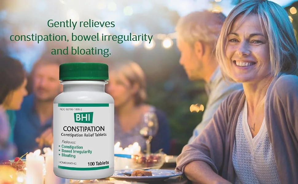 BHI Constipation Relief Natural Safe Targeted Homeopathic Active Ingredients Relieve Bloat Discomfort Bowel Back-Up & Irregularity for Women & Men - 100 Tablets - BHI, constipation, bloating, irregularity, ibs, natural ingredients, bhi tablets , non addictive