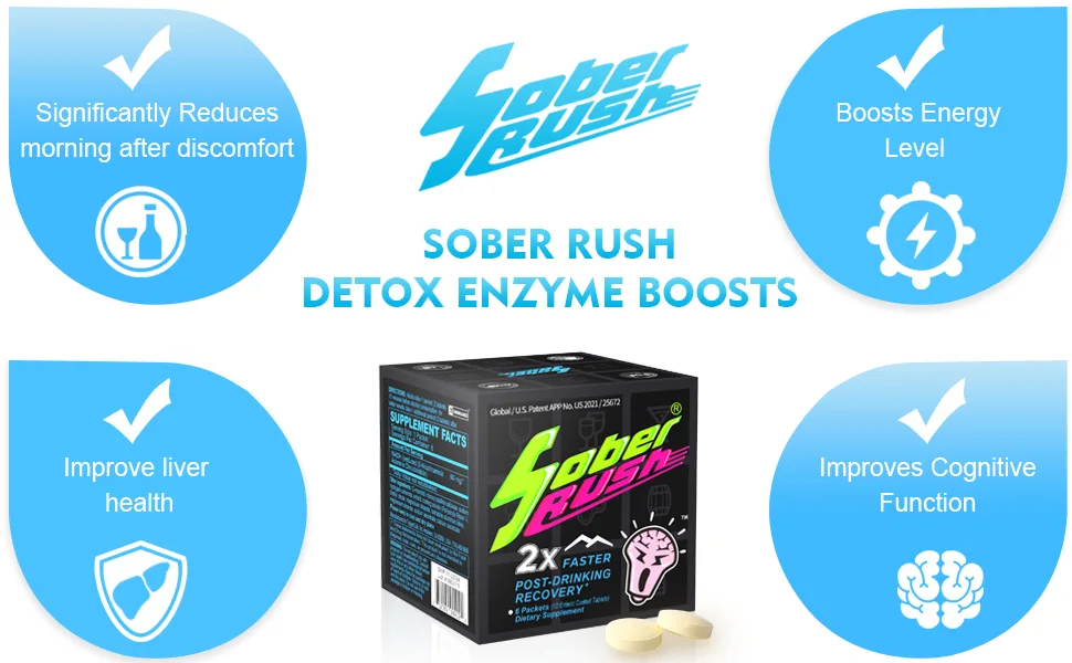 SOBER RUSH Anytime You take for Morning Support. Morning Recovery Party Smart Support Liver Health Rave Essentials NADH Patented Formula (6 Servings/Box) - hangover drinking