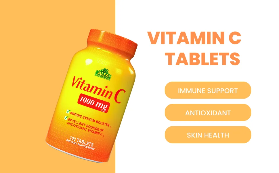 ALFA VITAMINS Vitamin C supplement with 1000mg - Powerful antioxidant - Immune Booster - Protection from common Cold - Promotes Healthy Skin - 100 Tablets - vitamin c tablets on table with orange slices, benefits, alfa vitamins, immune support