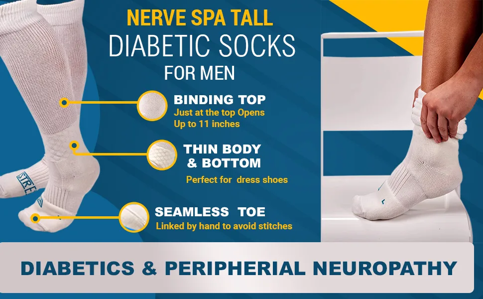 Nerve Spa Tall Diabetic Socks for Men - Extra Wide Performance Grade Breathable Thin Loose Fitting Socks for Diabetics Knee High (Large 2 Pairs)   - banner-one