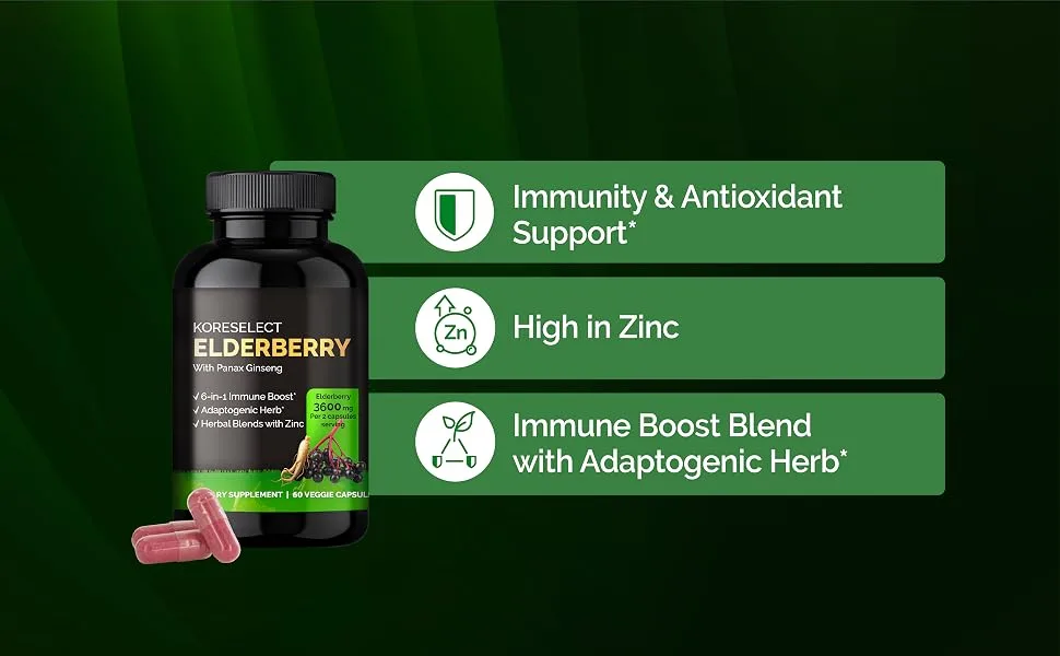 KORESELECT Elderberry Capsules with Panax Ginseng - Immune Support 6-in1 Herbal Blend with Zinc Ginger Echinacea Reishi Mushrooms - 60 Capsules - ED_02