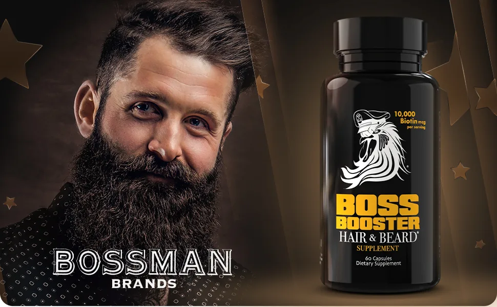 Bossman Boss Booster - Beard Growth Supplement Products for Men - 10 000 MCG Biotin and MSM - Hair Growth Vitamins and Beard Care - beard boost vitamins supplement multi booster products pills grow boost care hair accessories nails