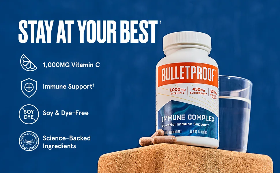 Bulletproof Immune Complex 90 Capsules Powerful 1000mg Vitamin C 570mg Herbal Blend 450mg Elderberry Antioxidant Supplement - Stay at your best; immune, vitamin c, soy and dye free, science backed ingredients