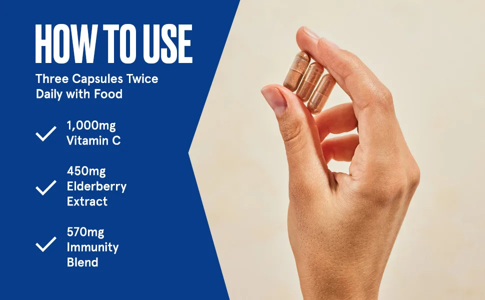 Bulletproof Immune Complex 90 Capsules Powerful 1000mg Vitamin C 570mg Herbal Blend 450mg Elderberry Antioxidant Supplement - Three capsules twice daily with food; 1,000mg vitamin C, 450mg elderberry extract, 570mg immunity