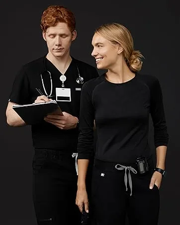 FIGS Leon Scrub Top for Men  3 Pockets Tailored Fit Modern V-Neck 4-Way Stretch Moisture-Wicking Men's Scrubs Medium Black - technical comfort
