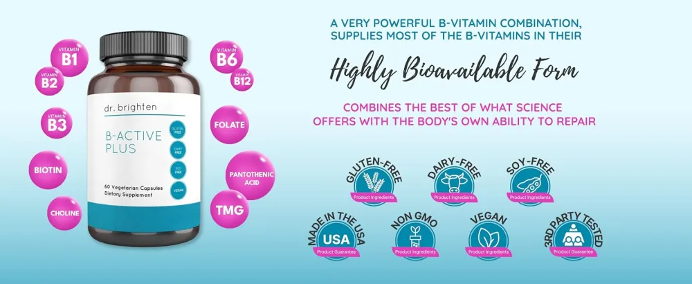 Dr. Brighten B-Active Plus  Vegan B Vitamin Supplement for Energy Metabolism Heart Health Improved Memory  60 Capsules 1 - Bactive