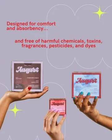 August Organic Tampons Super Absorbency BPA Free Long Applicators Toxin Free Fragrance Free Hypoallergenic 96 Tampons  - August callouts with red text on light purple background