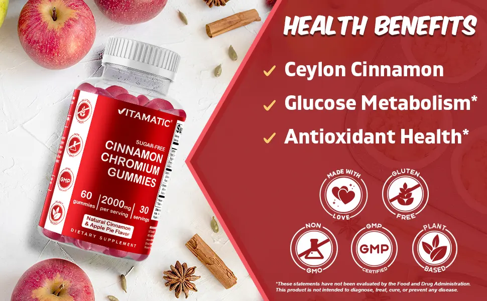 Vitamatic Sugar Free Chromium Gummies with Ceylon Cinnamon - 2000 mg per Serving - Non-GMO - Gluten Free - 60 Vegan Gummies - Chromium Gummies