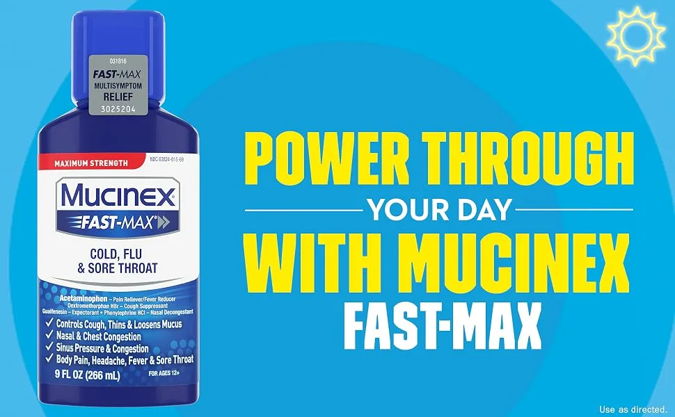 Mucinex Fast-Max Maximum Strength Cold Flu & Sore Throat Liquid 9oz Multi-Symptom Cold and Flu Relief For Ages 12+ - power through your day with mucinex fastmax.