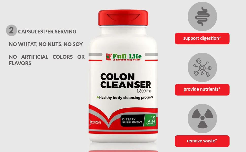 Full Life Colon Cleanser - Herbal Supplement with Cascara Sagrada and Senna Leaf - 120 Veggie Capsules - Full Life Collon cleanser formula supplement digestive cleansing capsules