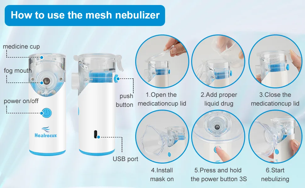 Healrecux Portable Nebulizer Mesh Nebulizer for Adults and Kids of Cool Mist with Two Modes - Portable Nebulizer