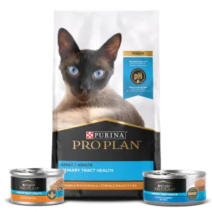 Purina Pro Plan Urinary Tract Cat Food Wet Pate, Urinary Tract Health Ocean Whitefish Entree - (24) 3 oz. Pull-Top Cans - Purina Pro Plan Urinary Tract Health dry cat food and two cans of wet urinary tract health cat food