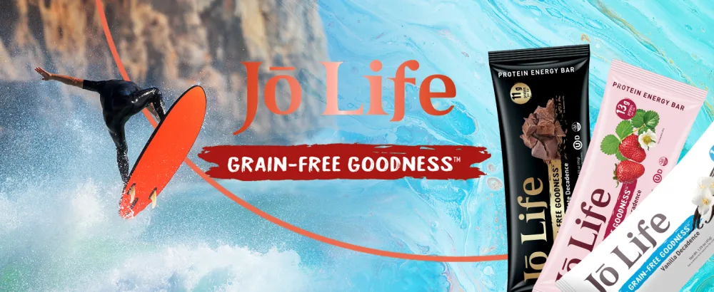 All-Natural Strawberry Protein Bars - Strawberry - 12 Pack - Image: Surfer on left. Three energy bars on right. Text: "JoLife" "Grain Free Goodness"