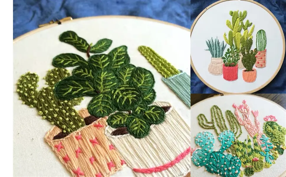 Highkick Embroidery Starter Kits for Adults Beginners with Stamped Pattern Embroidery Floss + Needles + Hoop Cactus Series 3 Pack - TA-08-970-600