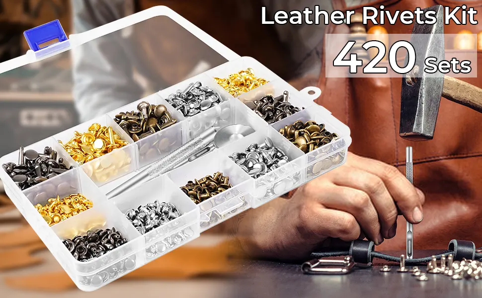420 Sets Leather Rivets Kit Double Cap Brass Rivets Leather Studs with 3PCS Setting Tools for Leather Repair and Crafts 4 Colors and 3 Sizes 420 Pack - leather rivets