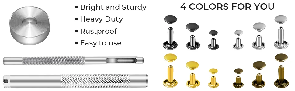 420 Sets Leather Rivets Kit Double Cap Brass Rivets Leather Studs with 3PCS Setting Tools for Leather Repair and Crafts 4 Colors and 3 Sizes 420 Pack - leather rivets