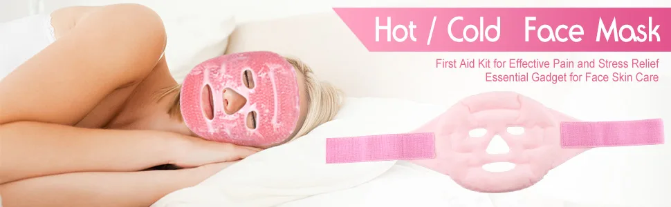 LotFancy Ice Face Mask Gel Beads Ice Pack Hot Cold Therapy for Full Face Reduce Migraines Headache Stress Puffy Eyes Dark Circles Adjustable Strap Soft Fabric Backing Reusable Pink - hot cold face mask