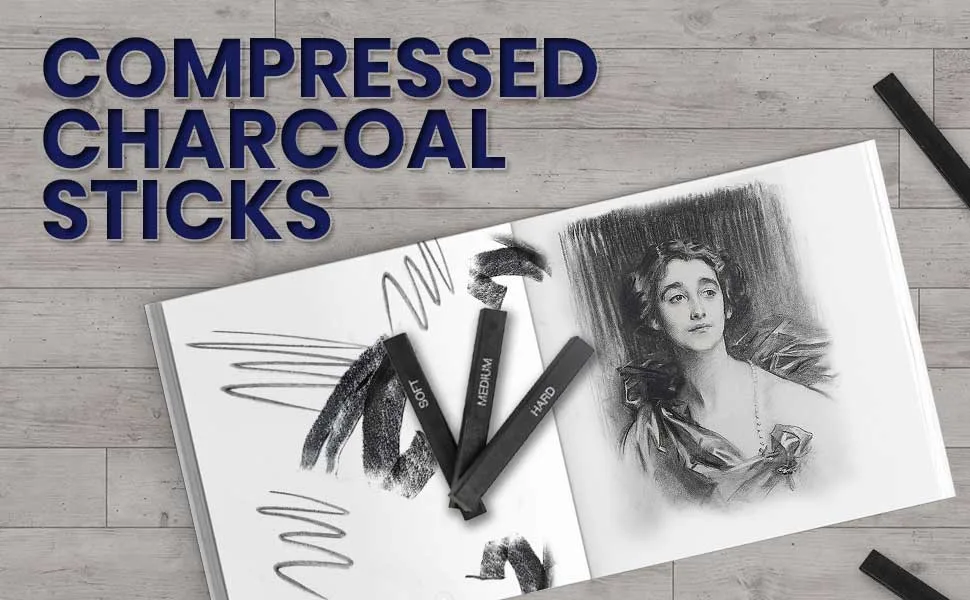 Pacific Arc Compressed Charcoal Sticks Soft 12 Pack for Drawing Sketching and Shading - compressed charcoal sticks, banner