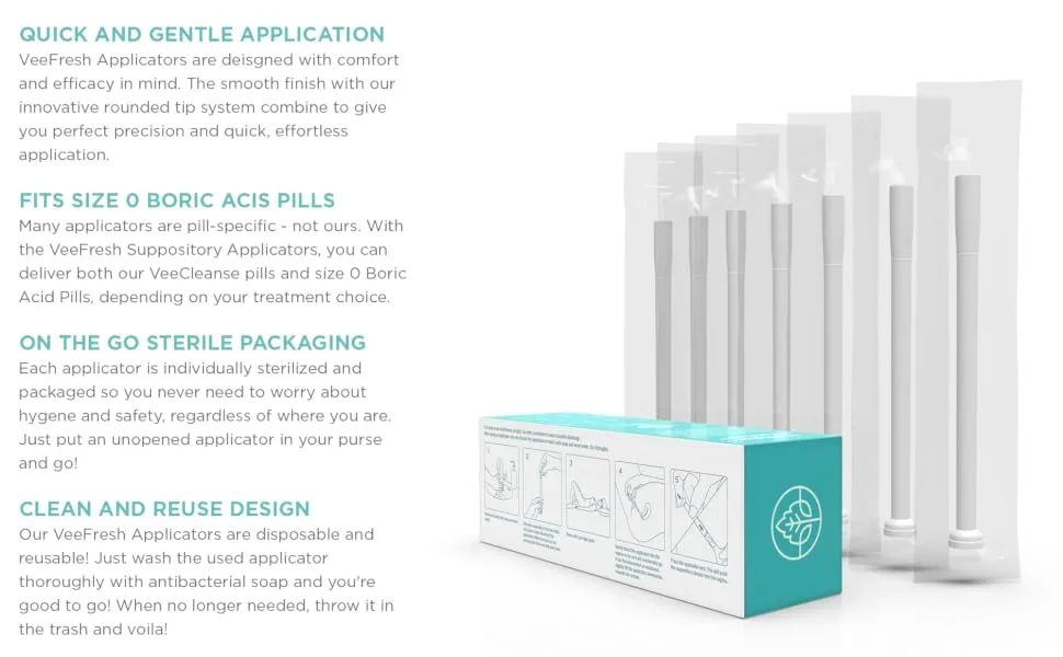 VeeFresh Suppository Applicators - Vaginal Applicator Pack for VeeCleanse Pills Boric Acid Suppositories & Size 0 Boric Acid Capsules - Individually Wrapped Vaginal Applicators 7 pcs. - description
