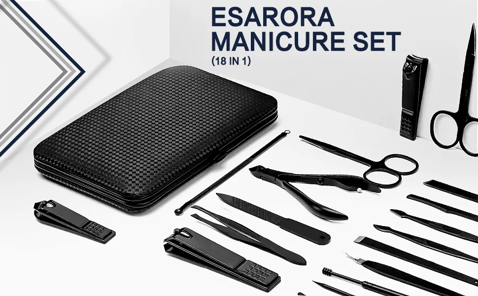 Manicure Set ESARORA 18 In 1 Stainless Steel Professional Pedicure Kit Nail Scissors Grooming Kit with Black Leather Travel Case 18 in 1 Blue - zhutu