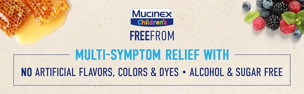 Mucinex Children's Liquid - FreeFrom Multi-Symptom Cold & Stuffy Nose 4oz 4 Fl Oz (Pack of 1) - no artificial flavors, colors & dyes, alcohol and sugar free