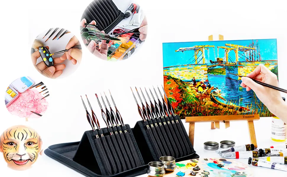 Transon Artist Detail Paint Brushes with Case 15pces for Model Miniature Painting Nylon Dark Brown 15 PCS - model brushes