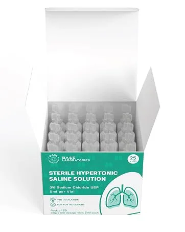 Base Labs 3% Hypertonic Saline Solution for Nebulizer Machine | Saline Solution for Kids & Adults for Inhalation Treatment & Nasal Hygiene Devices | Clears Lungs & Congestion l 25 Vials 5ml Unit Dose 25 Count (Pack of 1) - saline solution for nebulizer machine