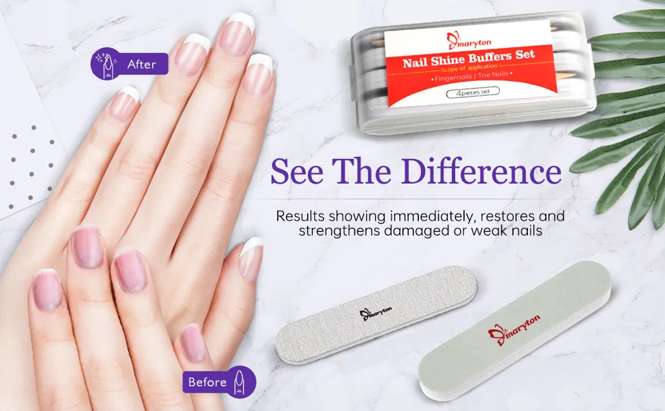Maryton Nail Buffer and Shine Kit Ultimate Mini Fine Nail File and Buffers for Natural Nails - Smooth Buff and Shine Nails in a Manicure Kit 4 Count - Get a high gross shine in a minute!