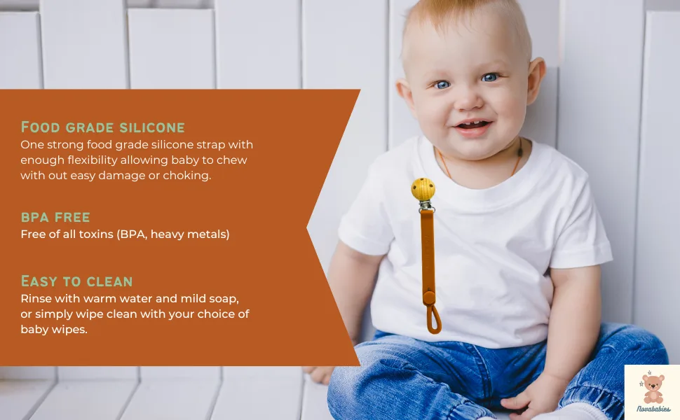 Novababies Pacifier Clips & Teether Holder 2 Pack BPA Free Food Grade Silicone Pacifier Holder Hazard Free No Beads No Strings for Baby Boys Gift Package Included - Baby wearing Novababies pacifier clip