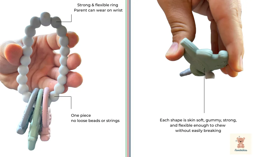 Novababies Teether 'Nova Soother' Gum Relief Toy 4 Piece Multi-Texture Teething Ring Hazard Free BPA Free Food Grade Silicone Baby Teether Gift Package Included - Baby teether with explanation of benefits and uses