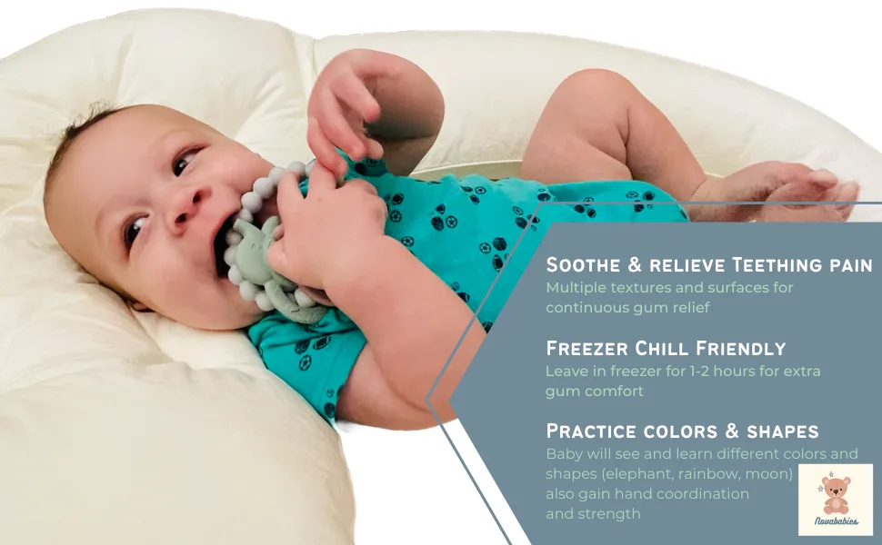 Novababies Teether 'Nova Soother' Gum Relief Toy 4 Piece Multi-Texture Teething Ring Hazard Free BPA Free Food Grade Silicone Baby Teether Gift Package Included - Baby with teether and benefits explaination