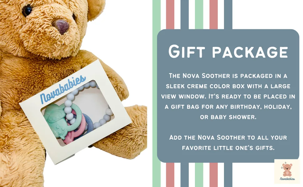 Novababies Teether 'Nova Soother' Gum Relief Toy 4 Piece Multi-Texture Teething Ring Hazard Free BPA Free Food Grade Silicone Baby Teether Gift Package Included - Teether in gift package with teddy bear