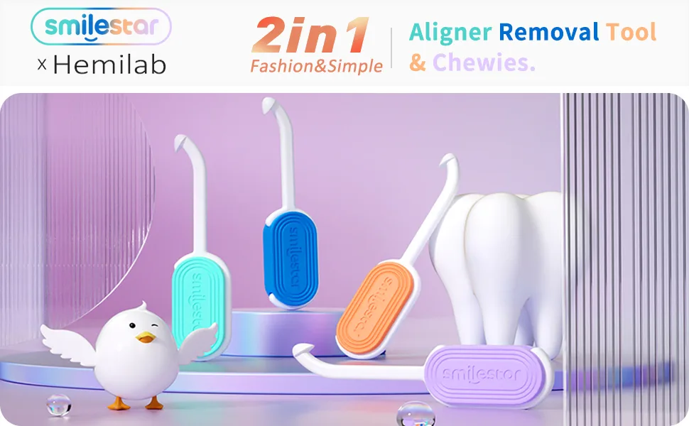 2 in 1 Aligner Removal Tool & Chewies for Invisalign Braces Trays Compatible with Aligners Retainers Dentures with Brush- 2 Pack & 2 Replacement Blue - Aligner Removal Tool