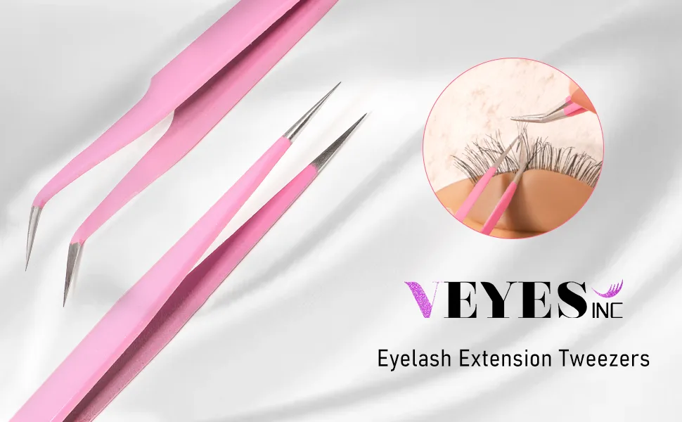 VEYES INC Lash Tweezers for Eyelash Extensions Straight & Curved Pointed Tweezers Set 2 Pack Pink Beginner Tweezers - 2PC - Veyelash Lash Tweezers