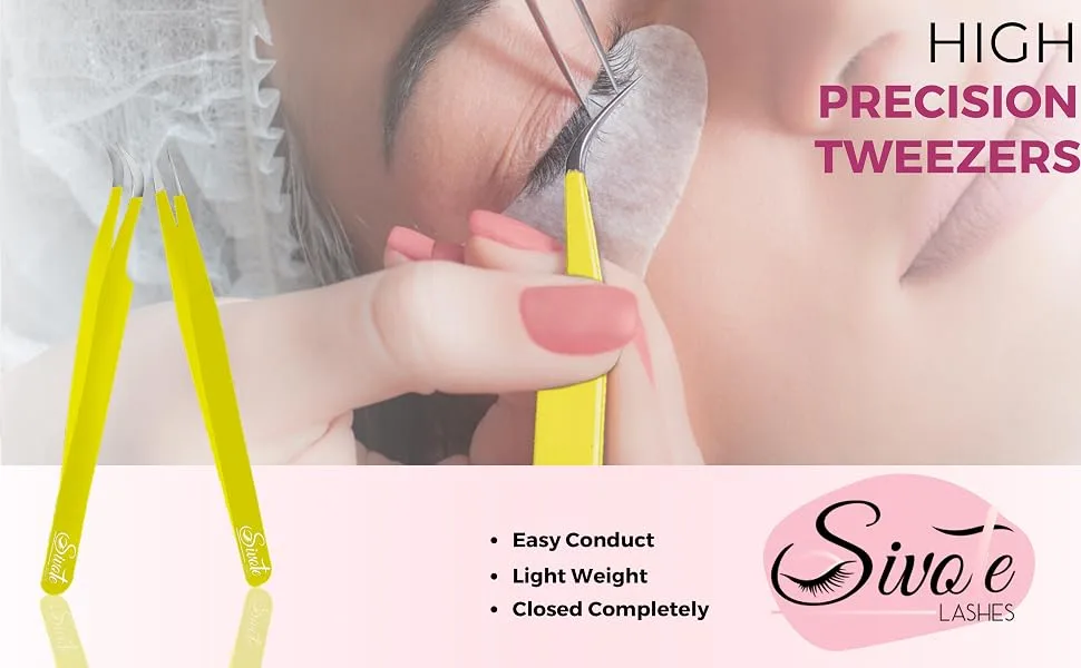 SIVOTE Eyelash Extension Tweezers for Classic & Volume Lashes 2-Pack Yellow - lash tweezer