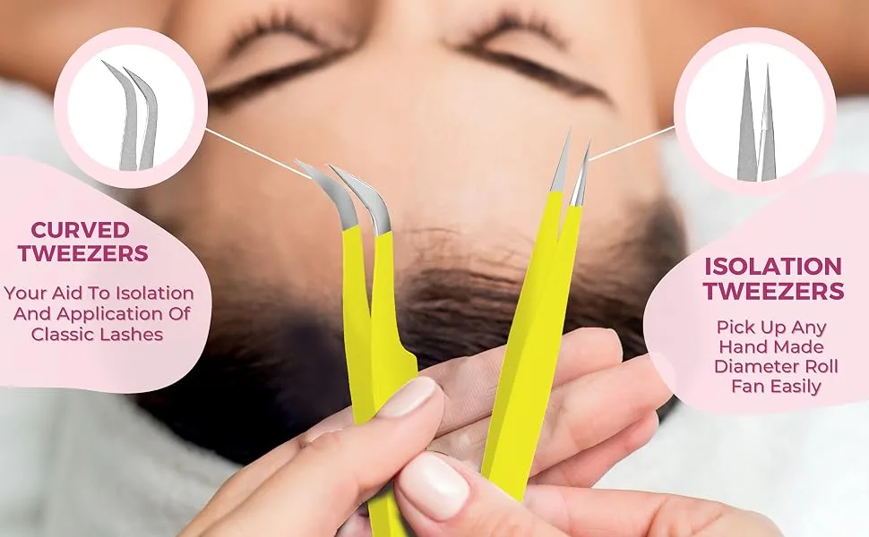 SIVOTE Eyelash Extension Tweezers for Classic & Volume Lashes 2-Pack Yellow - lash tweezer