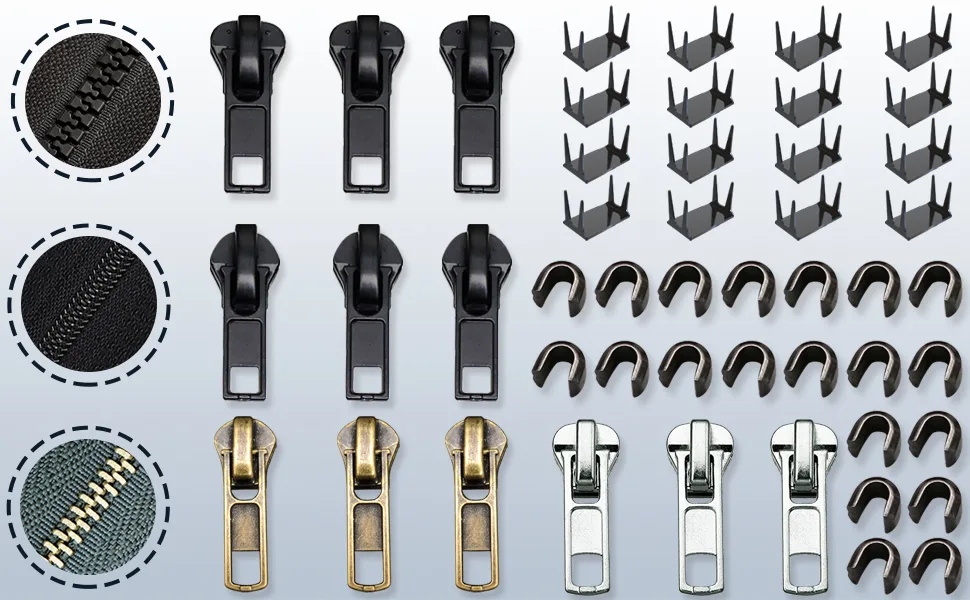 Zipper Repair Kit (52 Pcs) Universal 5 Zipper Replacement Slider Kit Zipper Pull Replacement Zipper Fix Repair Kit for Jackets Coats Boot Backpack Hoodie Metal Plastic & Nylon Coil Zippers - zipper repair kit