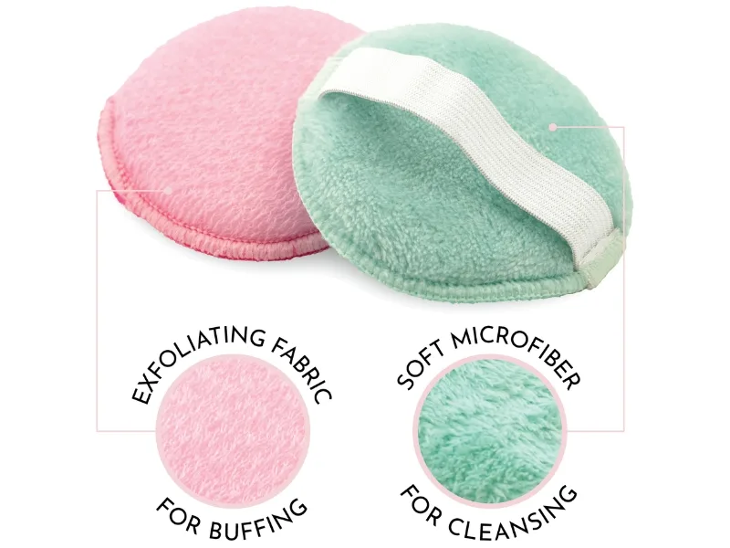 S&T INC. Gentle Face Scrubbers Dual Sided Face Exfoliators with Elastic Strap 3.3 Inch Diameter 2 Pack Teal/Pink - Infographic