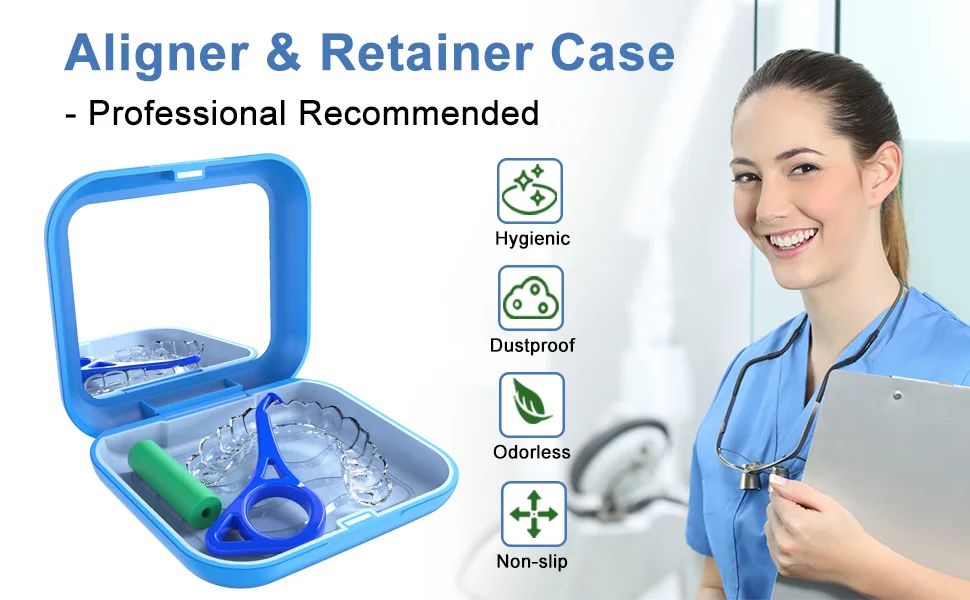 Aligner Case with Mirror and Aligner Removal Tool- Compatible with Invisalign Aligners and Mouth Guards Premium Retainer Case with Magnetic Closure and Textured Liner- Easy to Use (Blue) - aligner case with mirror aligner case case for invisalign