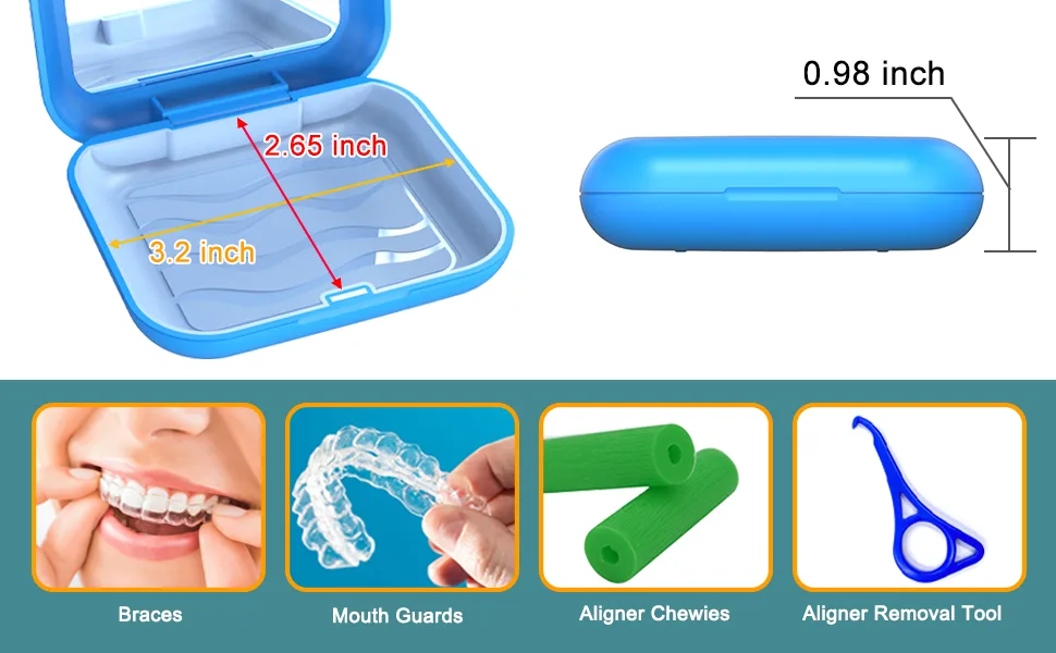 Aligner Case with Mirror and Aligner Removal Tool- Compatible with Invisalign Aligners and Mouth Guards Premium Retainer Case with Magnetic Closure and Textured Liner- Easy to Use (Blue) - mouth guard case with lid hinge retainer case with mirror retainer case